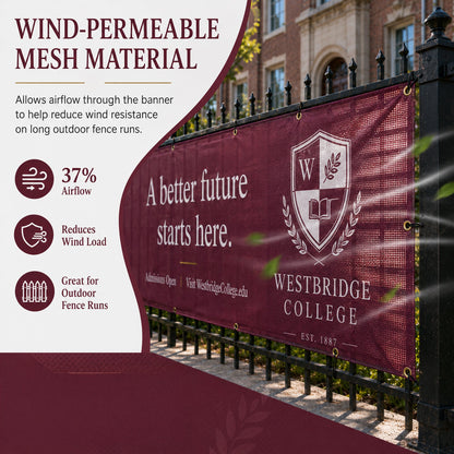 Custom College Fence Banner – Personalized Outdoor Mesh Banner for Schools, Universities & Campus Events
