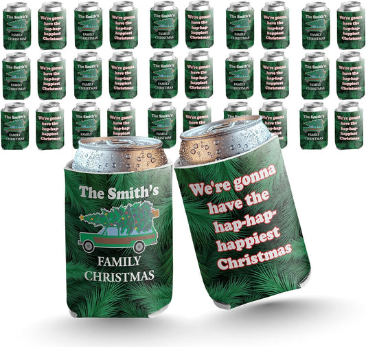 Custom Family Christmas Can Cooler - "We're gonna have the hap - hap - happiest Christmas" | Set of (12)