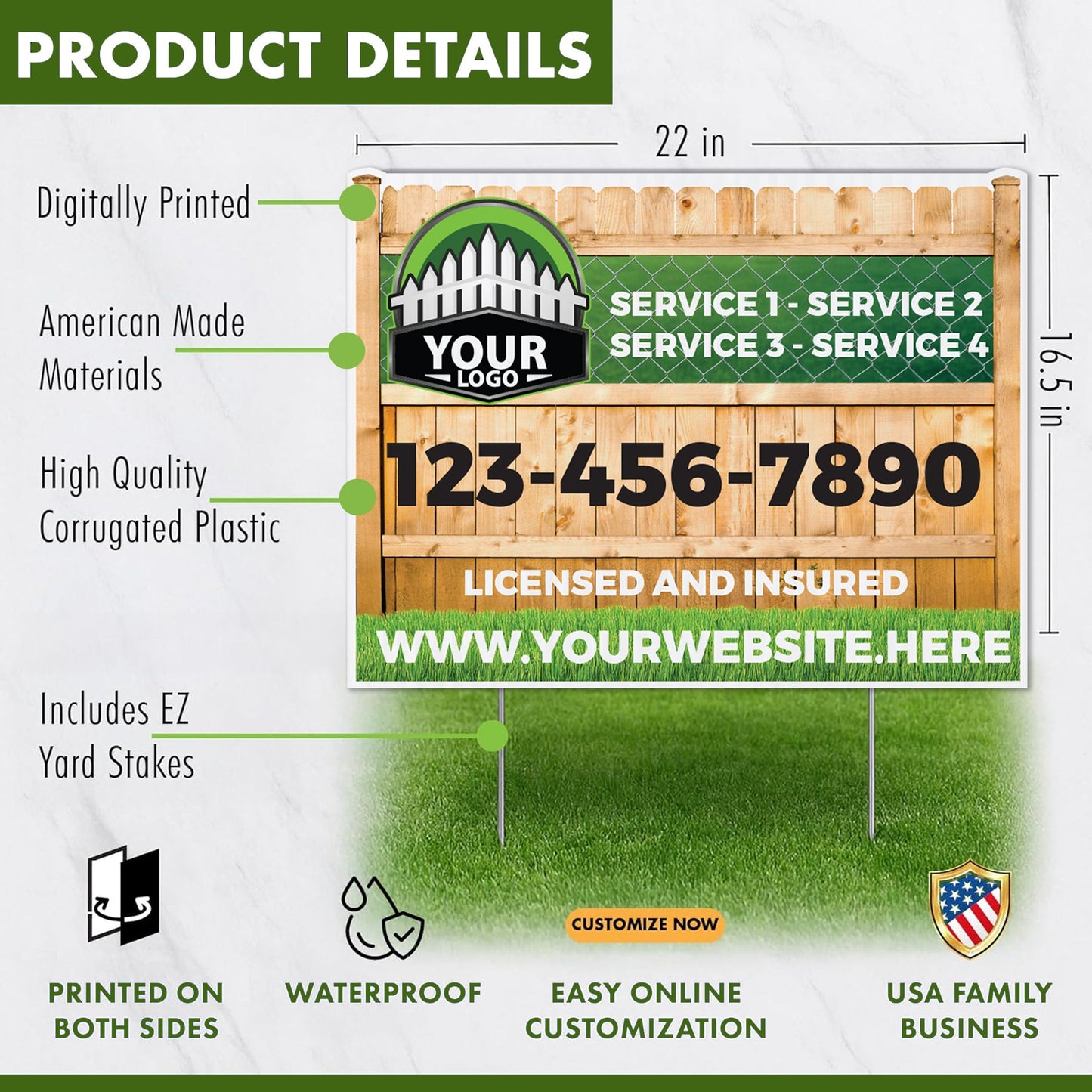 Custom Fence Company Yard Signs | 10 - Pack | 20 EZ Stakes Included