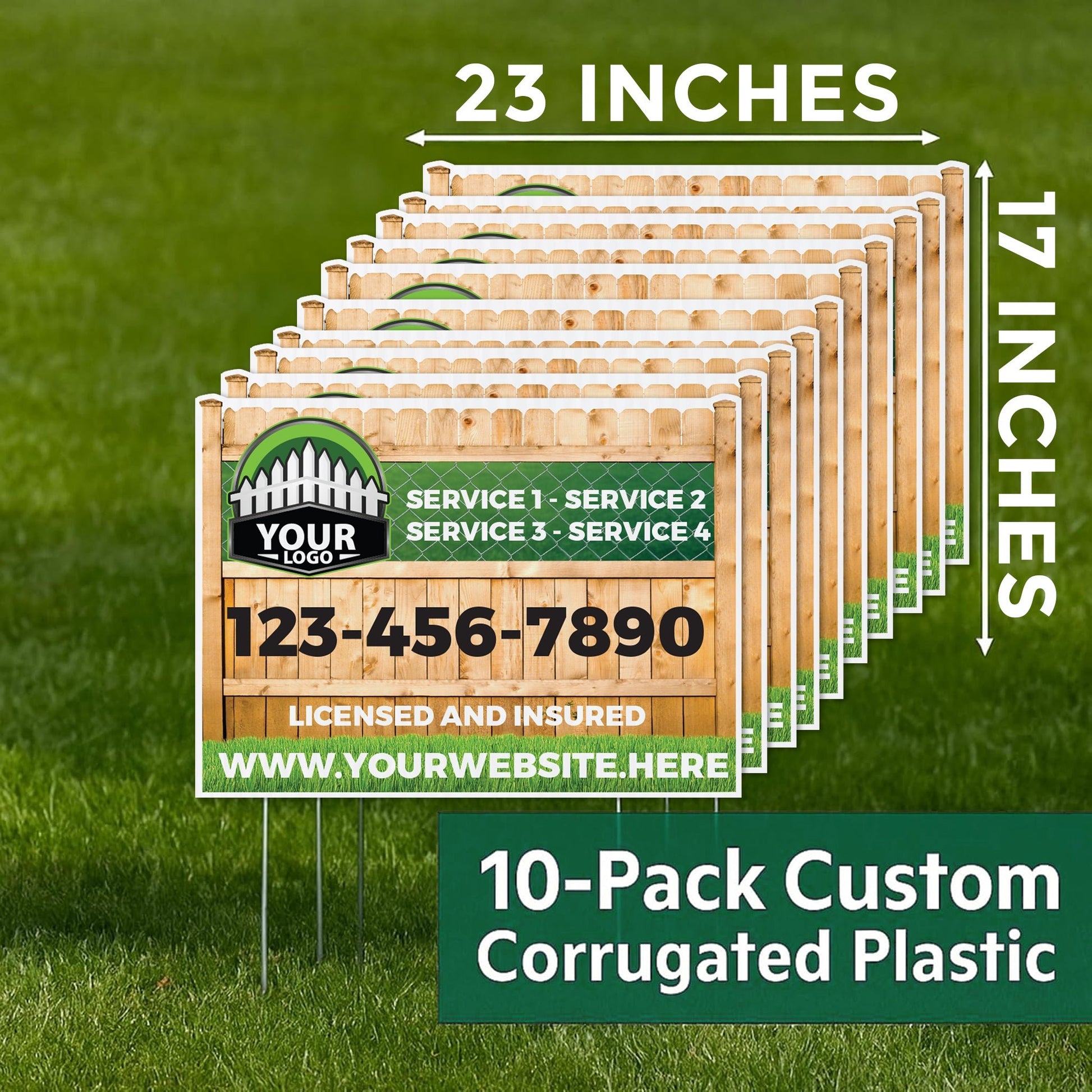 Custom Fence Company Yard Signs | 10 - Pack | 20 EZ Stakes Included