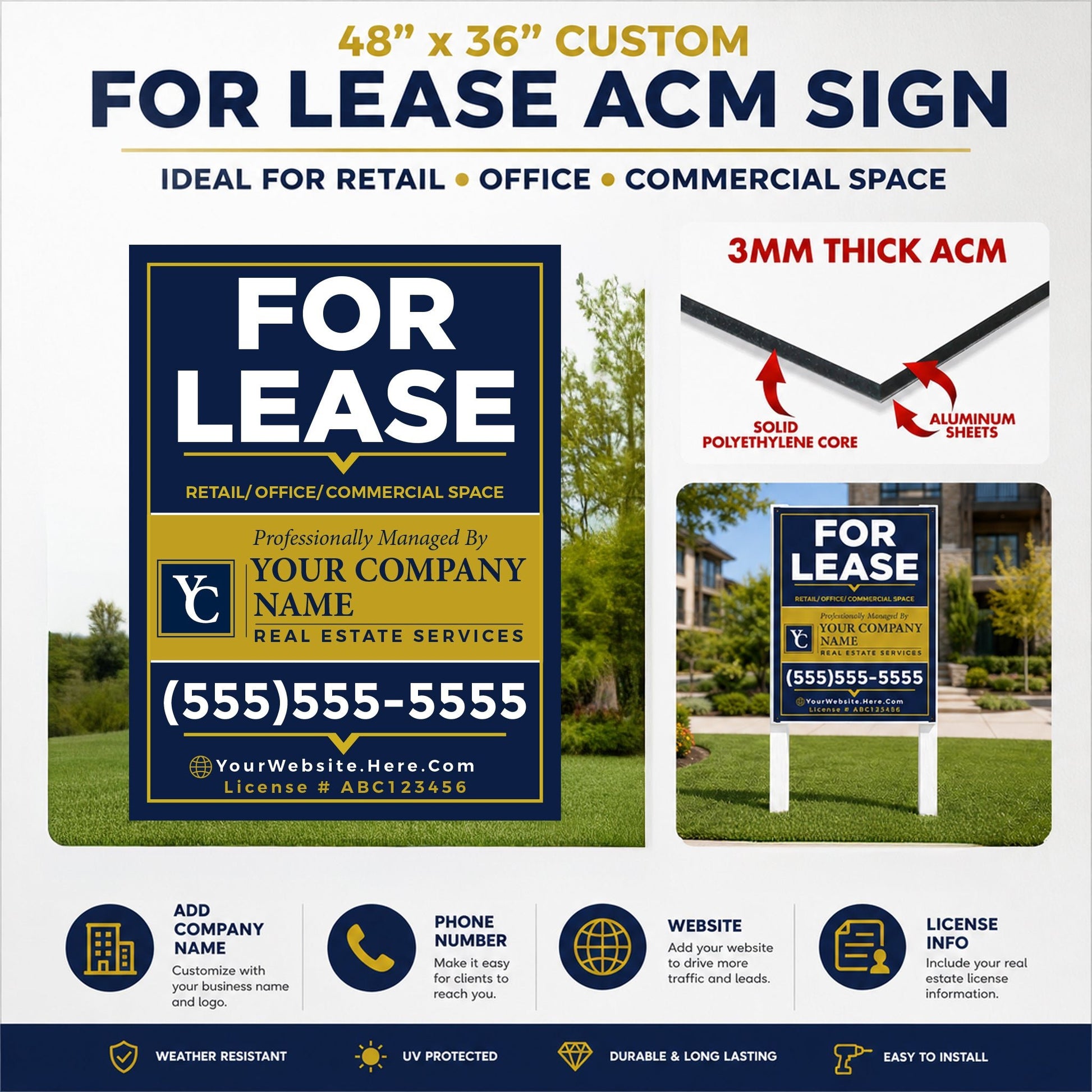 Custom For Lease Sign – 48x36 Aluminum Composite Commercial Real Estate Sign | Outdoor ACM Property Leasing Sign