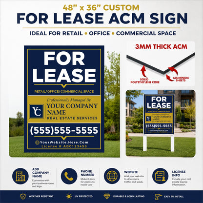 Custom For Lease Sign – 48x36 Aluminum Composite Commercial Real Estate Sign | Outdoor ACM Property Leasing Sign