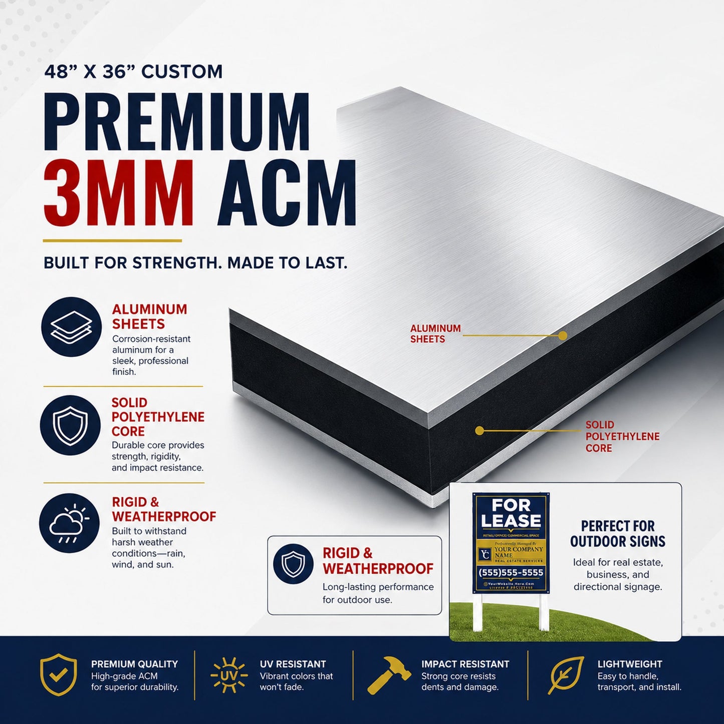 Custom For Lease Sign – 48x36 Aluminum Composite Commercial Real Estate Sign | Outdoor ACM Property Leasing Sign
