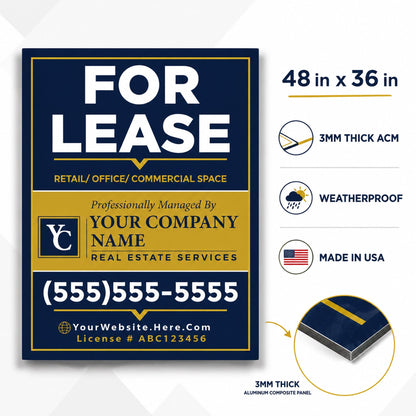 Custom For Lease Sign – 48x36 Aluminum Composite Commercial Real Estate Sign | Outdoor ACM Property Leasing Sign