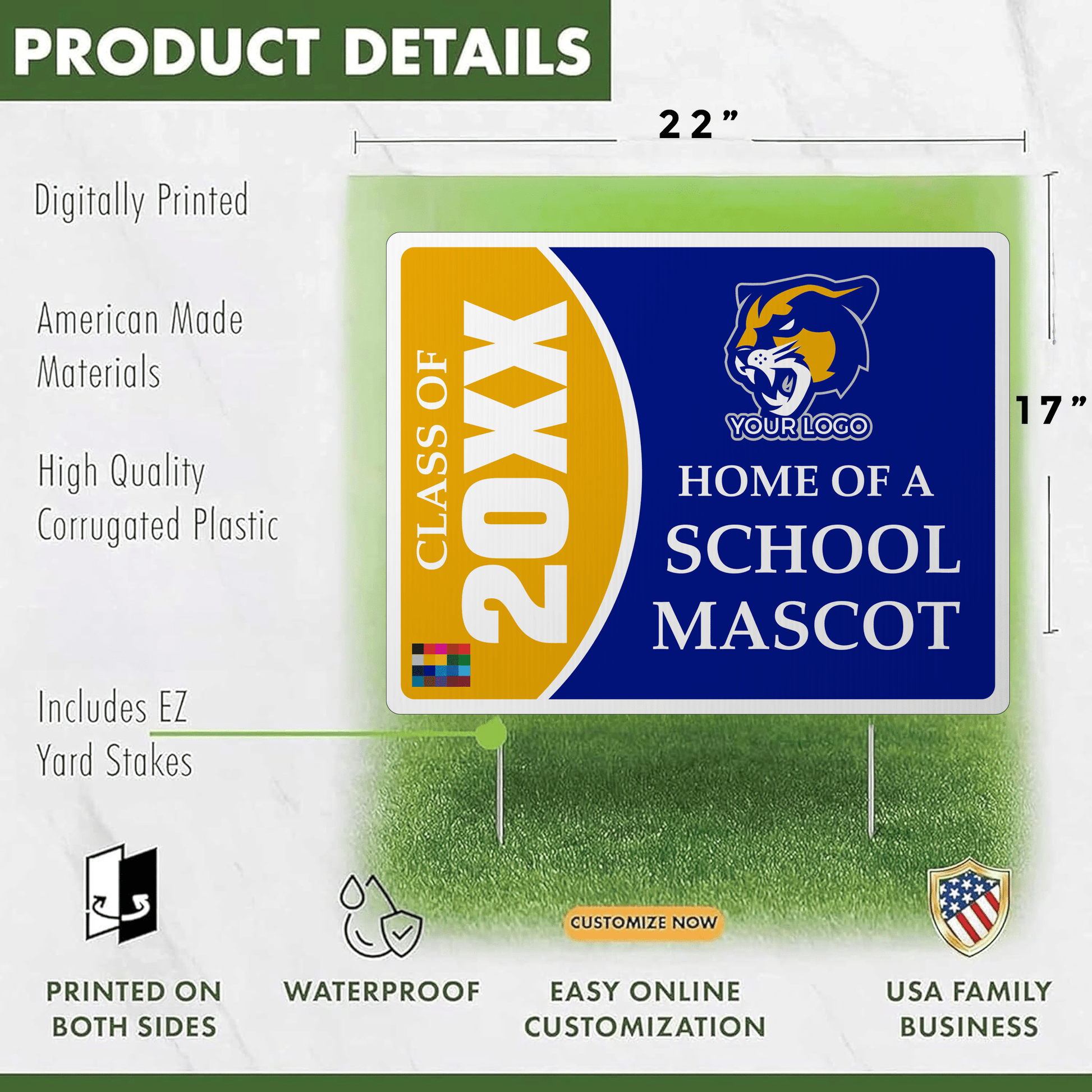 Custom Graduation Class Yard Sign – Personalized Class Year, School Mascot, Logo & Colors – 17x22 Double - Sided Waterproof Corrugated Plastic with Metal Stakes