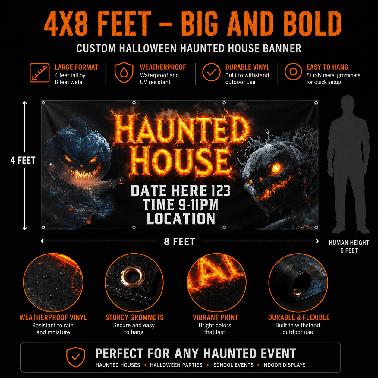 Custom Halloween Haunted House Banner, 4x8 ft
