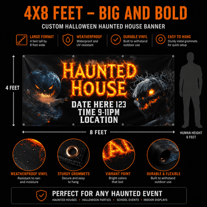 Custom Halloween Haunted House Banner, 4x8 ft