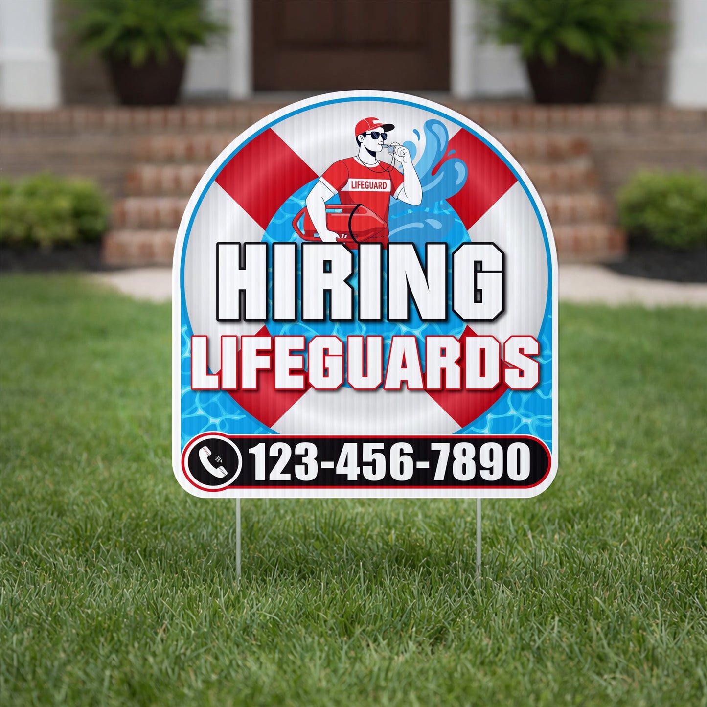 Custom Hiring Lifeguards Yard Sign | 10 - Pack | 20 EZ Stakes Included