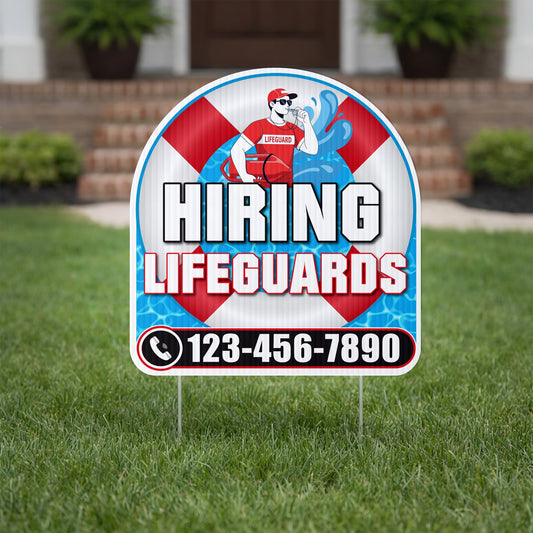 Custom Hiring Lifeguards Yard Sign | 10 - Pack | 20 EZ Stakes Included