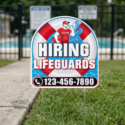 Custom Hiring Lifeguards Yard Sign | 10 - Pack | 20 EZ Stakes Included