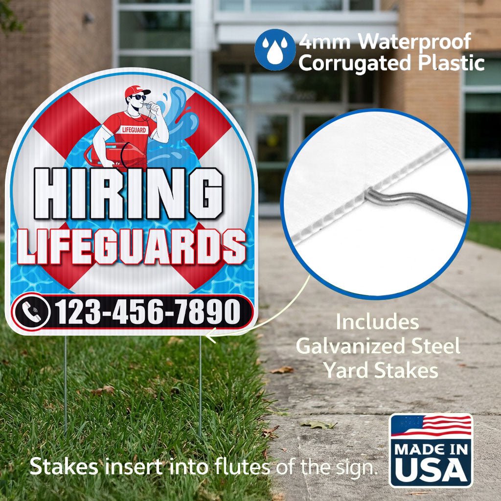 Custom Hiring Lifeguards Yard Sign | 10 - Pack | 20 EZ Stakes Included