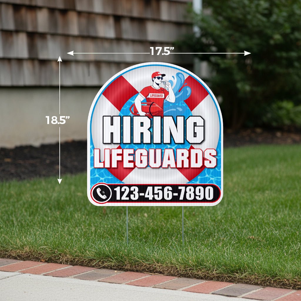 Custom Hiring Lifeguards Yard Sign | 10 - Pack | 20 EZ Stakes Included