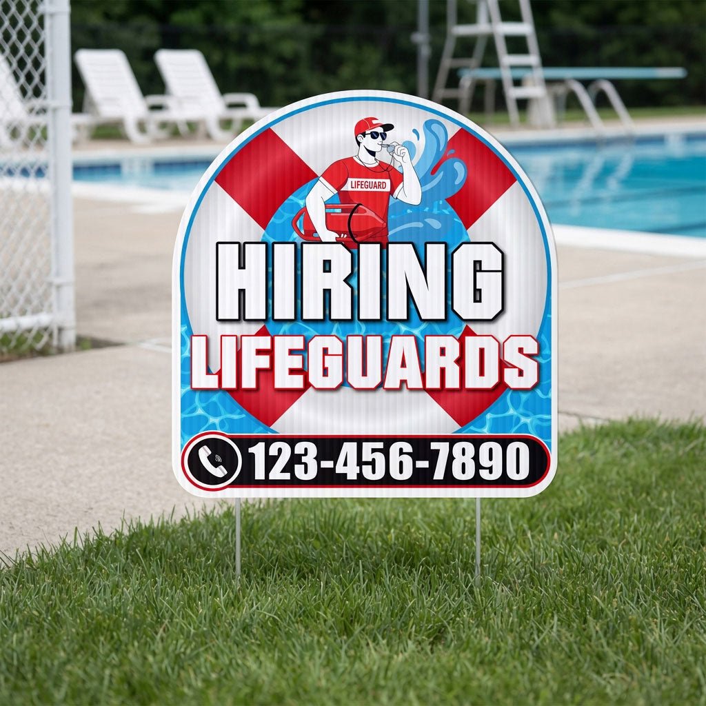 Custom Hiring Lifeguards Yard Sign | 10 - Pack | 20 EZ Stakes Included
