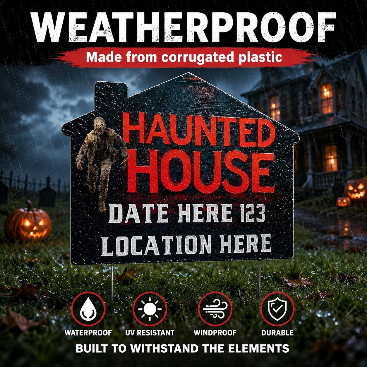 Custom Huanted House Yard Signs | 10-Pack | 20 EZ Stakes Included