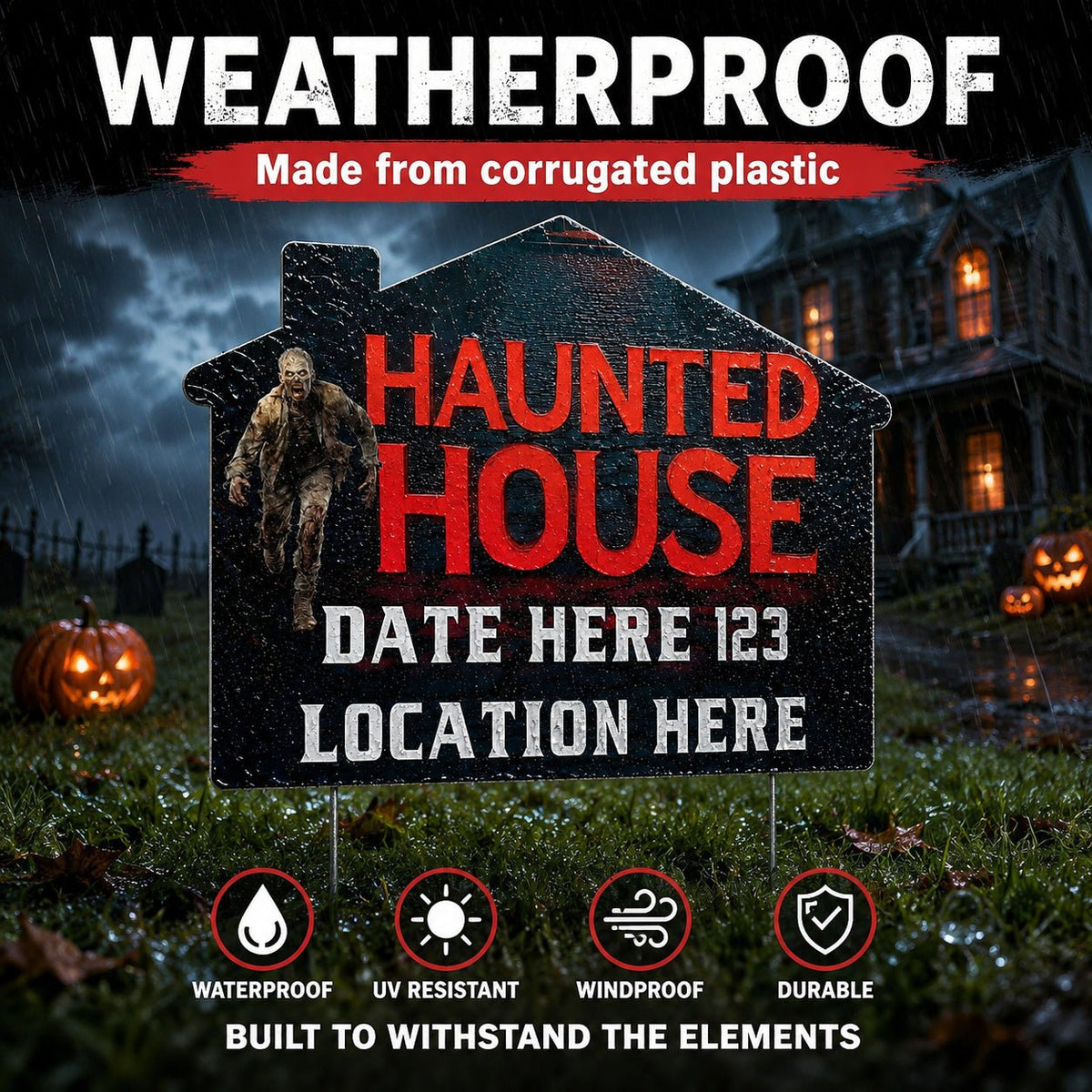 Custom Huanted House Yard Signs | 10-Pack | 20 EZ Stakes Included