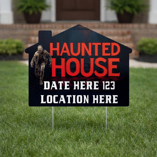 Custom Huanted House Yard Signs | 10 - Pack | 20 EZ Stakes Included
