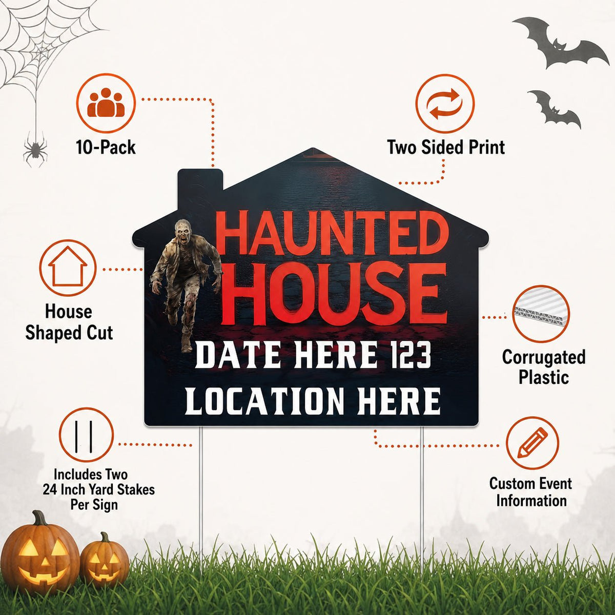 Custom Huanted House Yard Signs | 10-Pack | 20 EZ Stakes Included