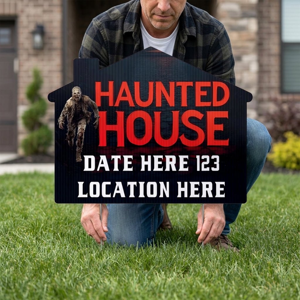 Custom Huanted House Yard Signs | 10 - Pack | 20 EZ Stakes Included