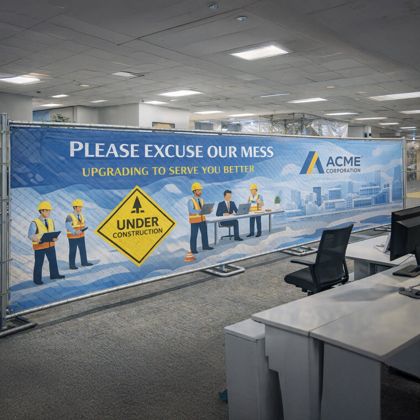 Custom Indoor Construction Fence Screens – Mesh Vinyl Privacy & Branding Banners
