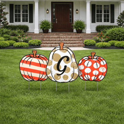 Custom Initial Pumpkin Yard Signs – Personalized 3-Piece Fall & Halloween Yard Decoration Set with Stakes
