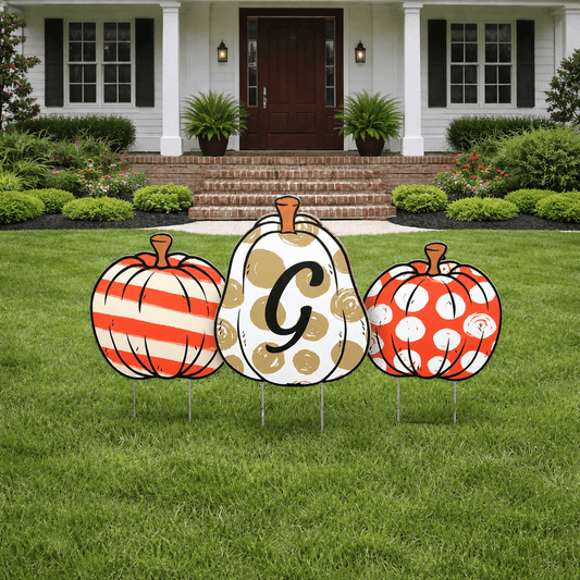 Custom Initial Pumpkin Yard Signs – Personalized 3-Piece Fall & Halloween Yard Decoration Set with Stakes