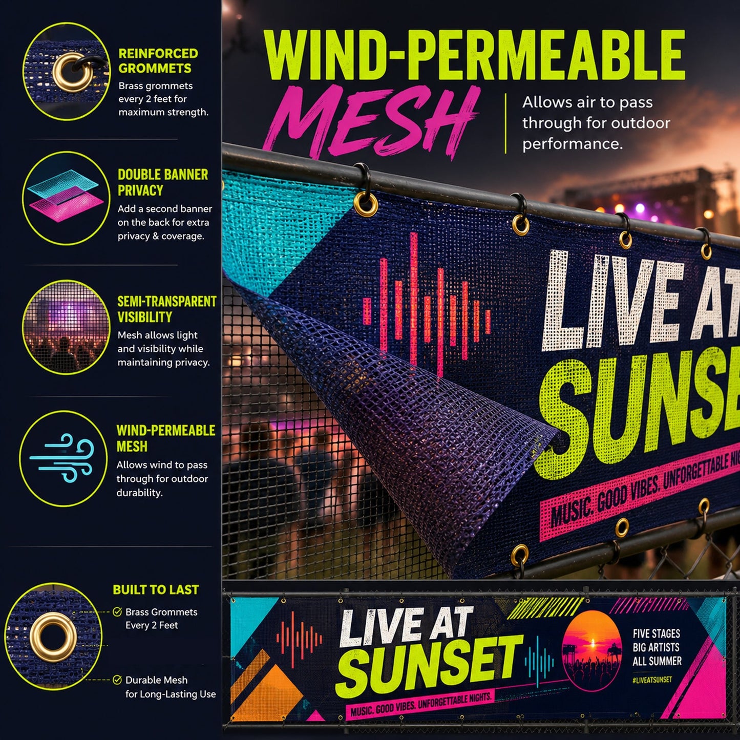 Custom Mesh Fence Banner for Concerts, Festivals & Events – Personalized Outdoor Wind-Permeable Fence Wrap
