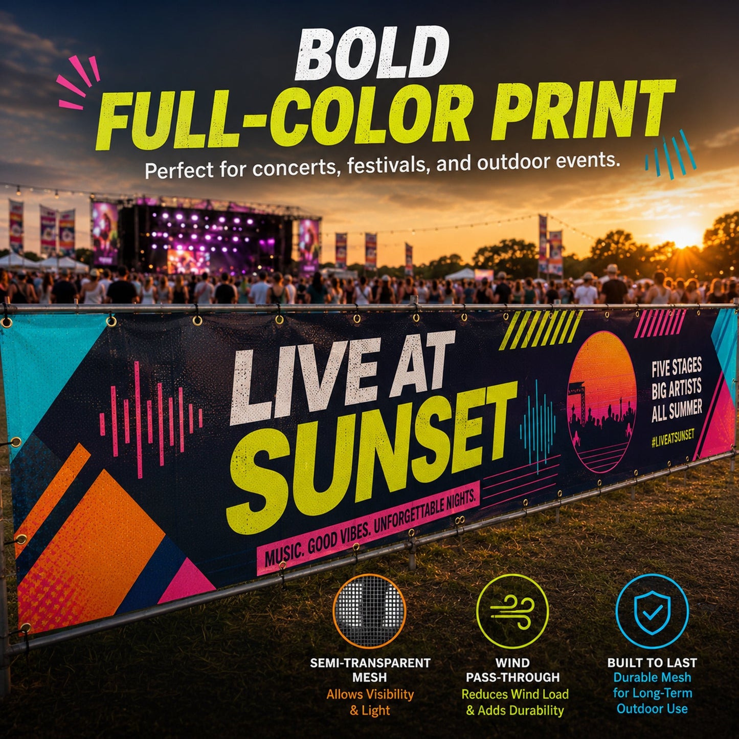 Custom Mesh Fence Banner for Concerts, Festivals & Events – Personalized Outdoor Wind-Permeable Fence Wrap