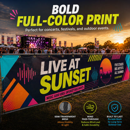 Custom Mesh Fence Banner for Concerts, Festivals & Events – Personalized Outdoor Wind-Permeable Fence Wrap