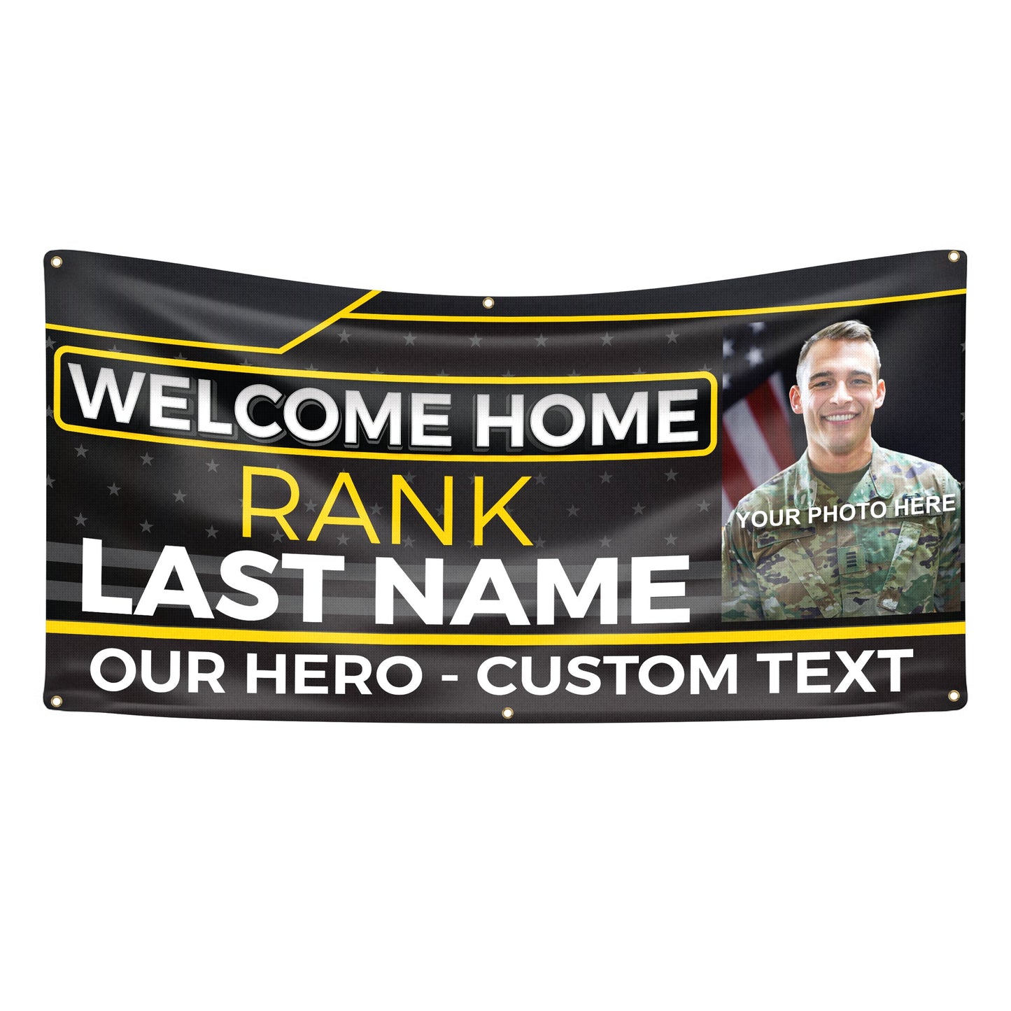 Custom Military Welcome Home Banner – Personalized Military Homecoming Sign (Black & Yellow)