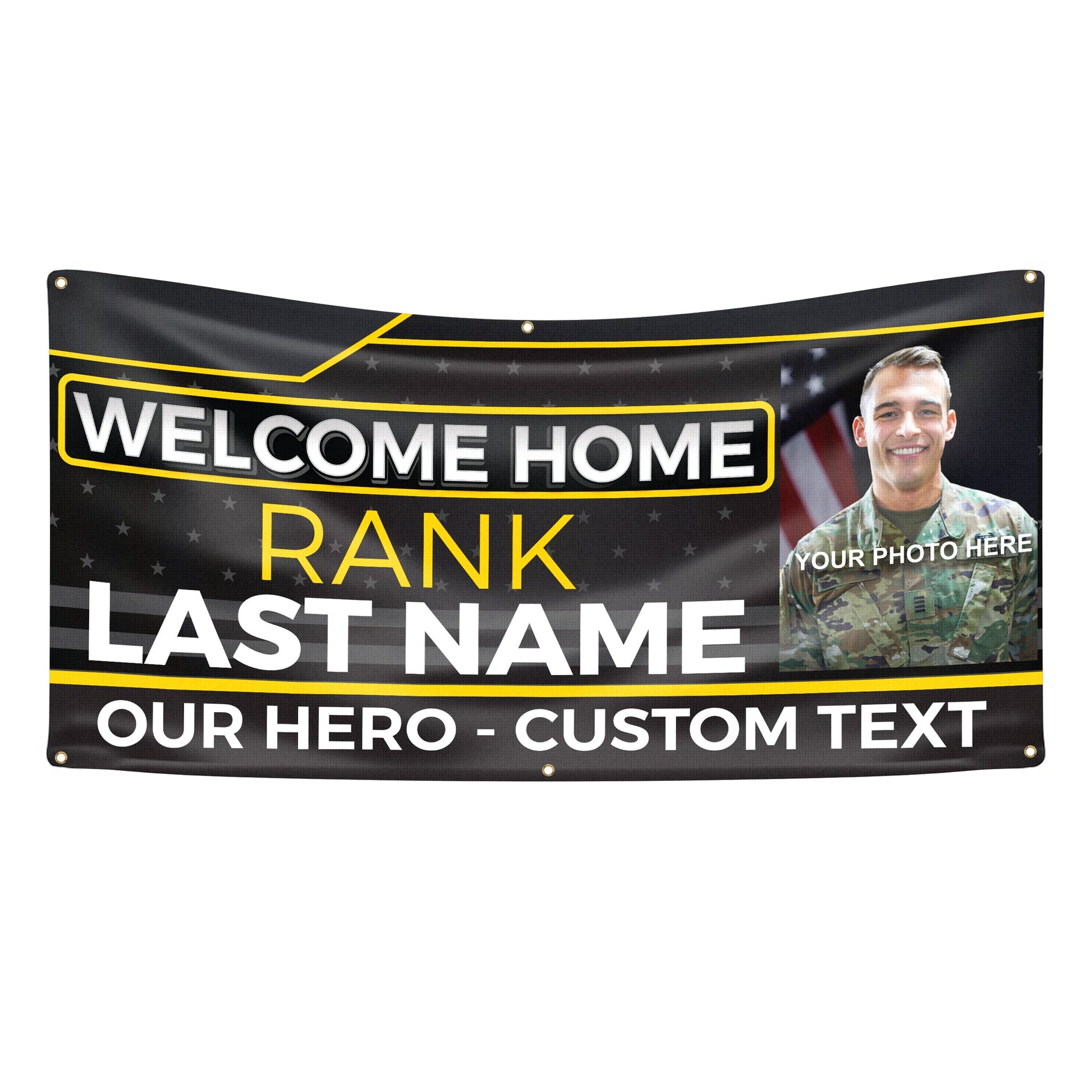 Custom Military Welcome Home Banner – Personalized Military Homecoming Sign (Black & Yellow)