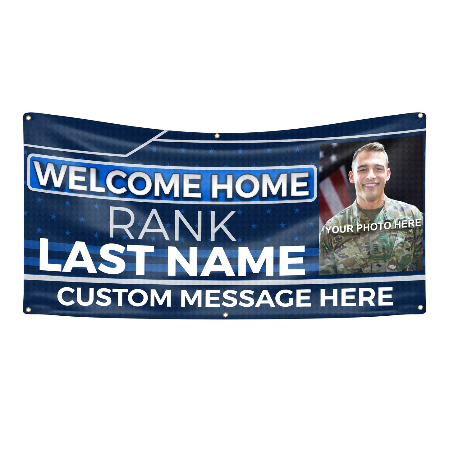 Custom Military Welcome Home Banner – Personalized Military Homecoming Sign (Blue & Silver)