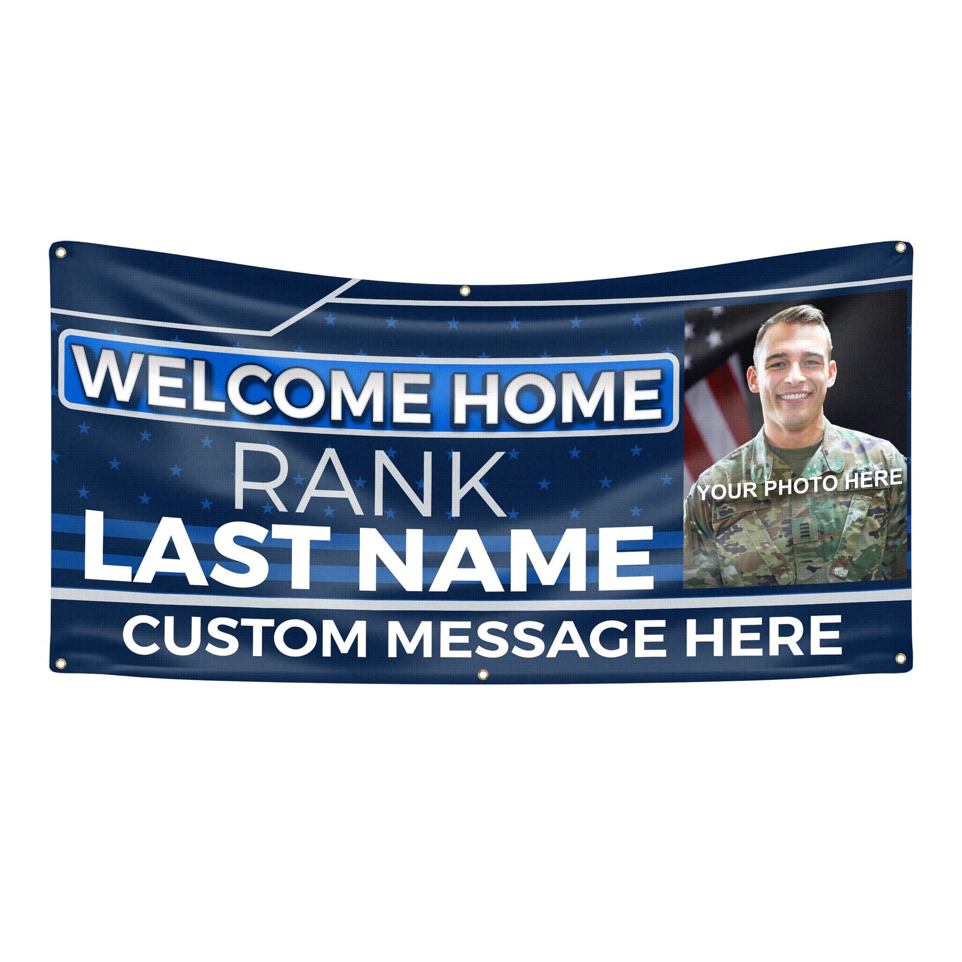 Custom Military Welcome Home Banner – Personalized Military Homecoming Sign (Blue & Silver)