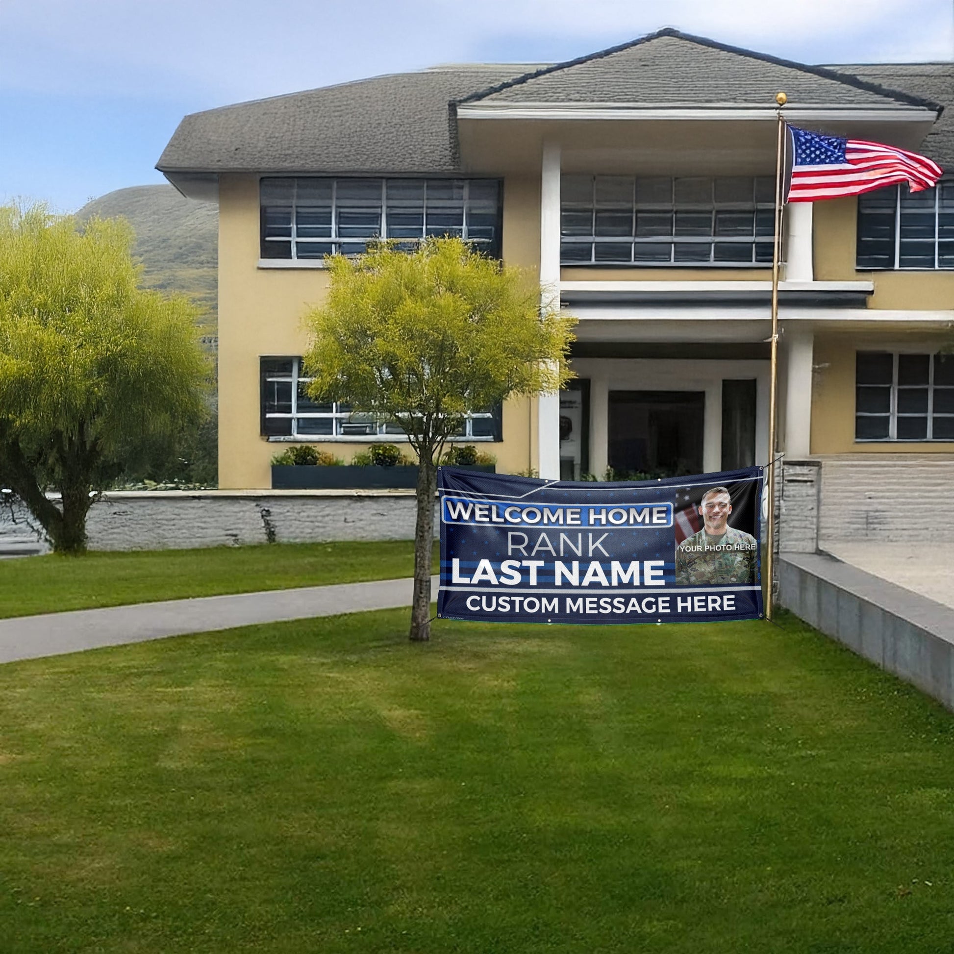 Custom Military Welcome Home Banner – Personalized Military Homecoming Sign (Blue & Silver)