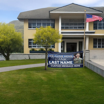 Custom Military Welcome Home Banner – Personalized Military Homecoming Sign (Blue & Silver)