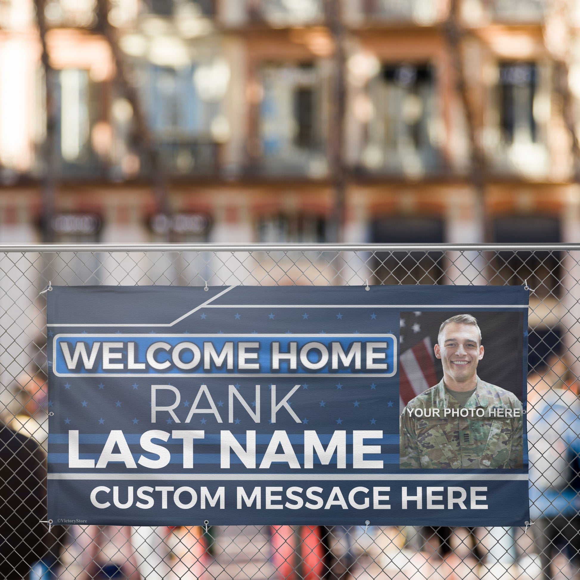 Custom Military Welcome Home Banner – Personalized Military Homecoming Sign (Blue & Silver)