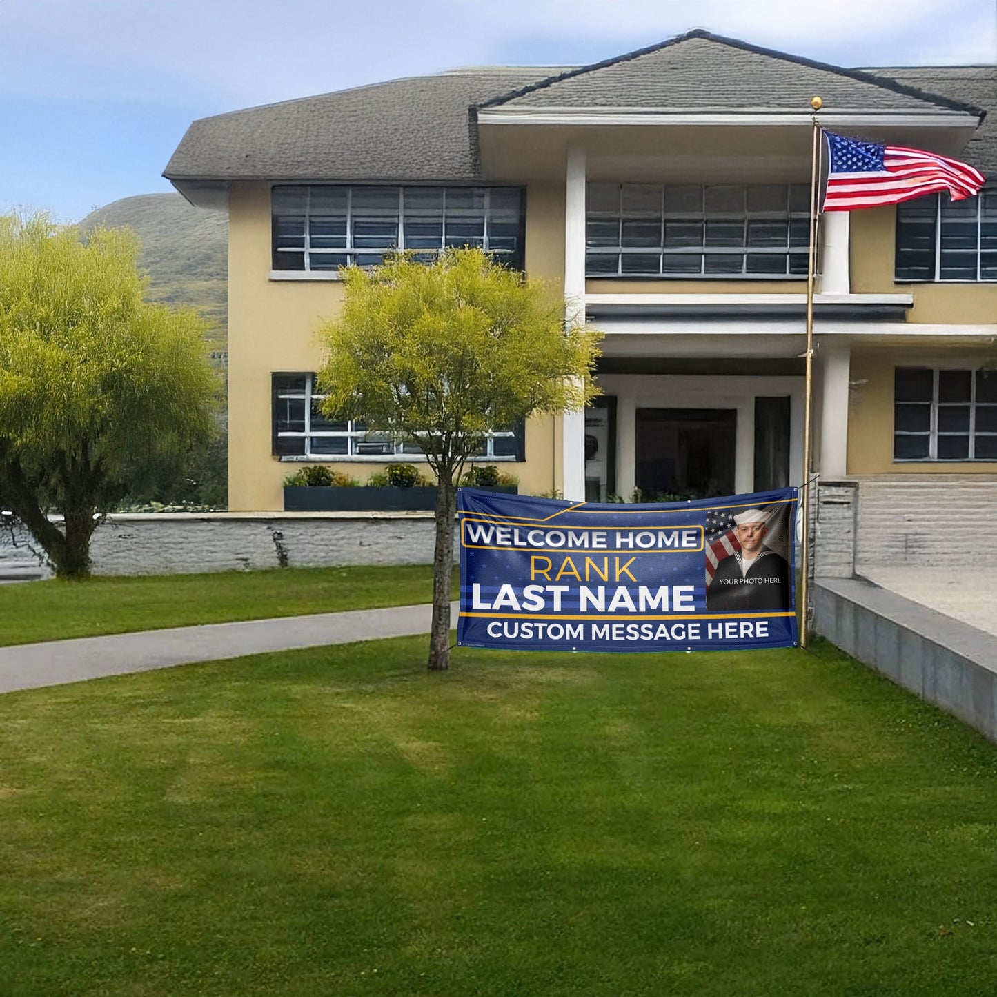 Custom Military Welcome Home Banner – Personalized Military Homecoming Sign (Blue & Yellow)
