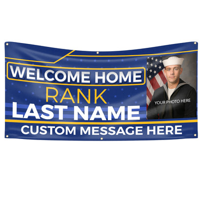 Custom Military Welcome Home Banner – Personalized Military Homecoming Sign (Blue & Yellow)