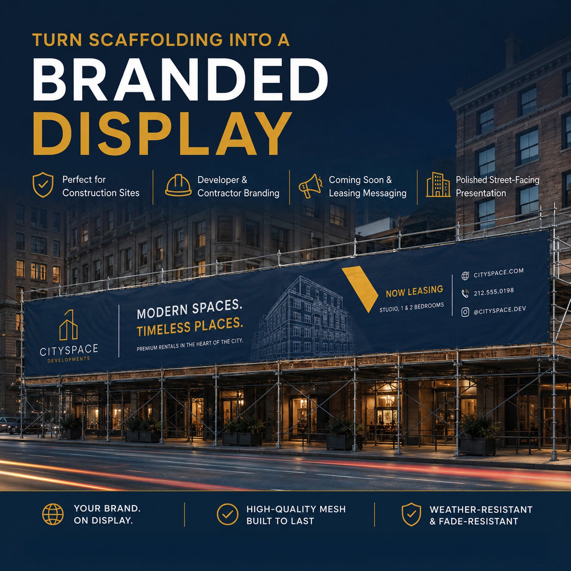 Custom Scaffolding Mesh Banner 6'x50' Outdoor Construction Fence Wrap for Buildings, Renovations & Job Sites