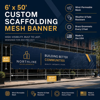 Custom Scaffolding Mesh Banner 6'x50' Outdoor Construction Fence Wrap for Buildings, Renovations & Job Sites