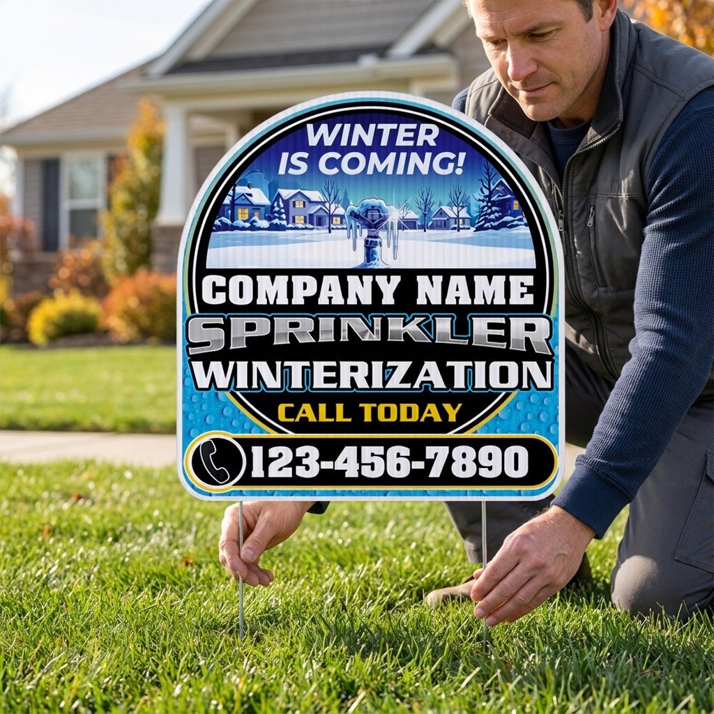 Custom Sprinkler Winterization Yard Signs | 10 - Pack | 20 EZ Stakes Included