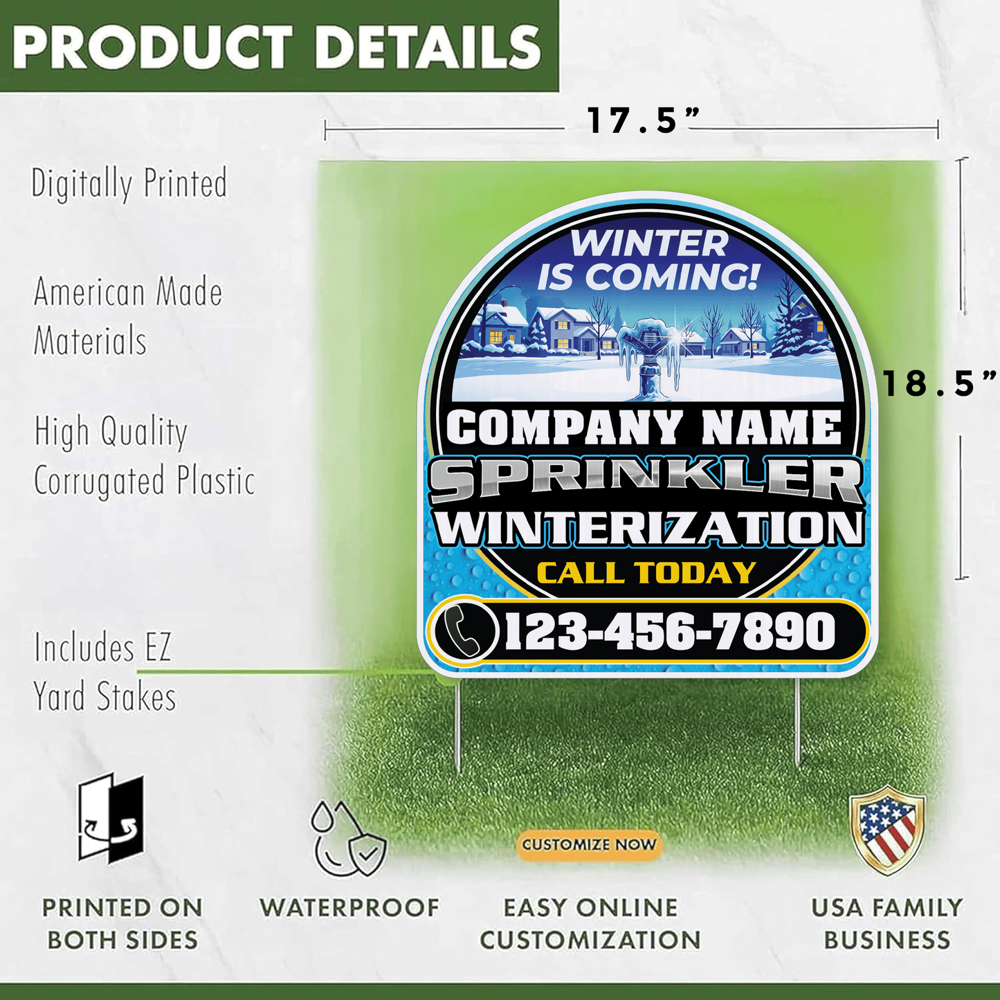 Custom Sprinkler Winterization Yard Signs | 10 - Pack | 20 EZ Stakes Included