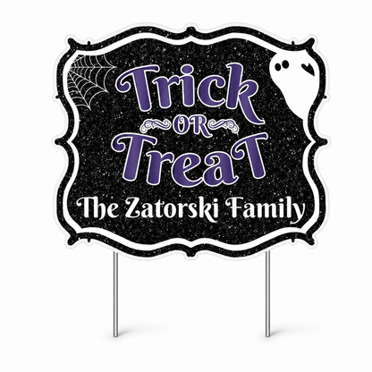 Custom Trick or Treat Welcome Yard Sign – Personalized Halloween Family Name Lawn Sign with Stakes