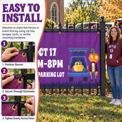 Custom Trunk or Treat Fence Banner – Personalized Outdoor Mesh Banner for Municipals, Schools, Churches and Community Centers