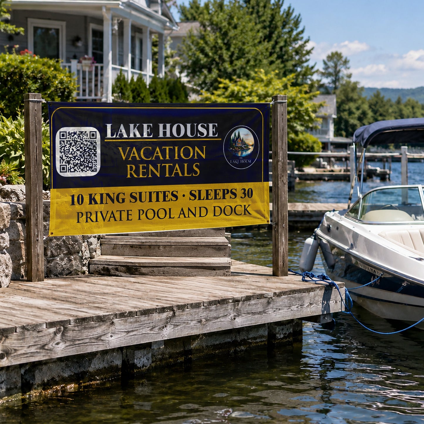 Custom Vacation Rental Banner | Lake House Sign with QR Code, Logo & Custom Text