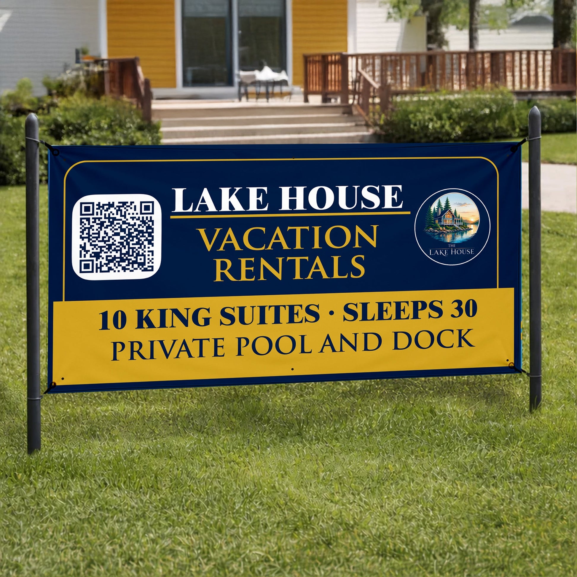 Custom Vacation Rental Banner | Lake House Sign with QR Code, Logo & Custom Text