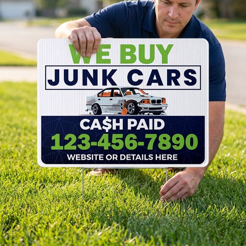 Custom We Buy Junk Cars Yard Signs | 10 - Pack | 20 EZ Stakes Included