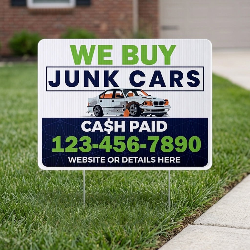 Custom We Buy Junk Cars Yard Signs | 10 - Pack | 20 EZ Stakes Included