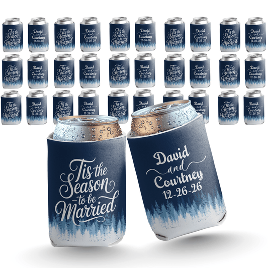 Custom Winter Wedding Can Coolers – “’Tis the Season to Be Married” Personalized Blue Can Sleeves for Bride & Groom Favors