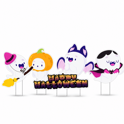 Cute Happy Halloween Ghost Yard Signs – 5-Piece Outdoor Halloween Lawn Decoration Set with 10 Steel Stakes