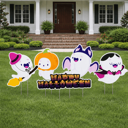 Cute Happy Halloween Ghost Yard Signs – 5-Piece Outdoor Halloween Lawn Decoration Set with 10 Steel Stakes